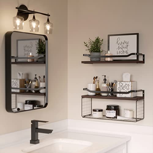 WOPITUES Floating Shelves with Wire Storage Basket, Bathroom Shelv...