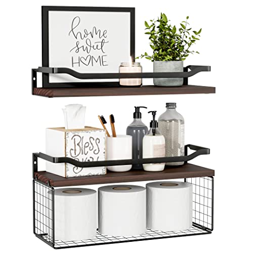 WOPITUES Floating Shelves with Wire Storage Basket, Bathroom Shelv...