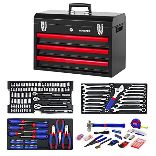 WORKPRO 408-Piece Mechanics Tool Set with 3-Drawer Heavy Duty Meta...