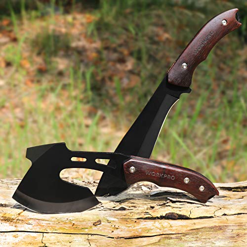 WORKPRO Axe and Fixed Blade Knife Combo Set, Full Tang, Wood Handl...