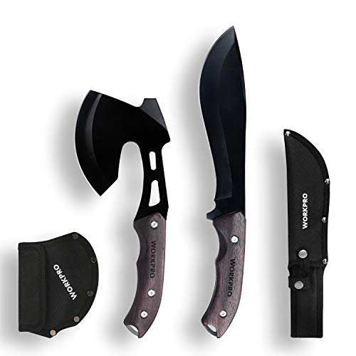 WORKPRO Axe and Fixed Blade Knife Combo Set, Full Tang, Wood Handl...