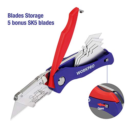 WORKPRO Folding Utility Knife Quick-Change Box Cutter, Blade Stora...