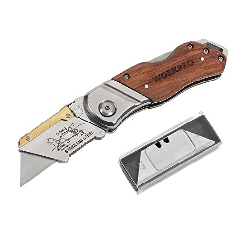WORKPRO Folding Utility Knife Wood Handle Heavy Duty Cutter with E...