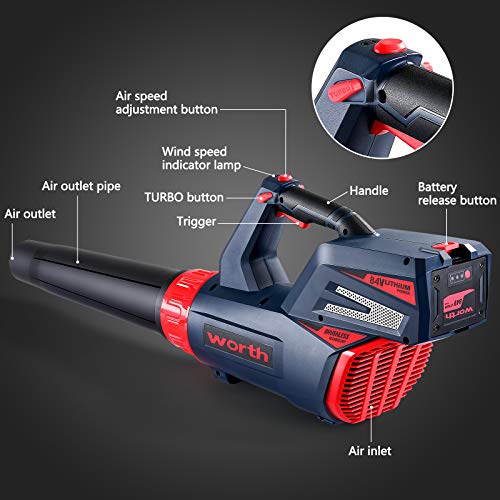 WORTH Cordless Leaf Blower - 84v Leaf Blower with Lithium-ion Batt...