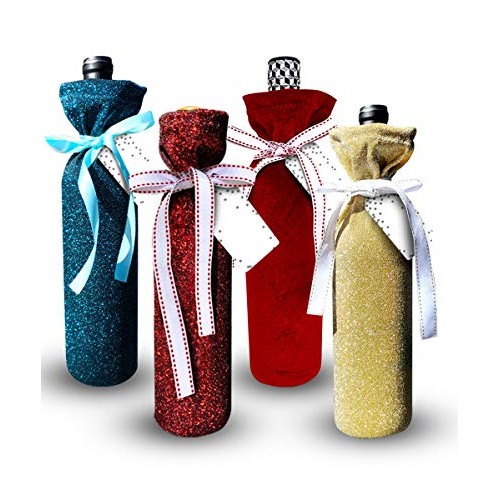 Deluxe Wine Bags- Velvet and Sparkle Stretch Fabric - Set of 4 wit...