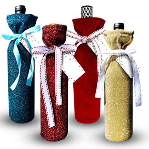 Deluxe Wine Bags- Velvet and Sparkle Stretch Fabric - Set of 4 wit...