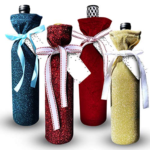 Deluxe Wine Bags- Velvet and Sparkle Stretch Fabric - Set of 4 wit...