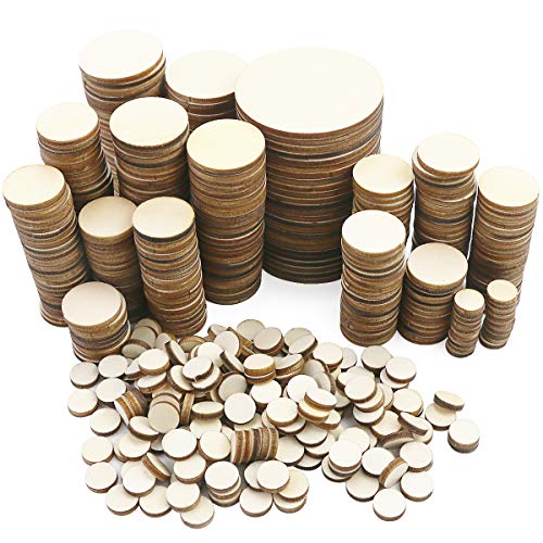 WYKOO 525 Pieces Unfinished Round Wooden Discs, 5 Size Wood Cutout...