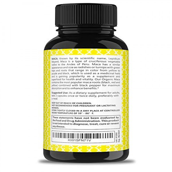 Organic Maca Root Powder Capsules Black, Yellow, Red -1000mg Servi...