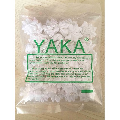 YAKA 60Pcs White Satin Ribbon Flowers Bows Rose W/Rhinestone Appli...