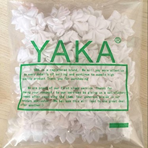 YAKA 60Pcs White Satin Ribbon Flowers Bows Rose W/Rhinestone Appli...