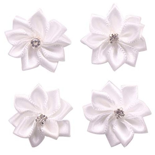 YAKA 60Pcs White Satin Ribbon Flowers Bows Rose W/Rhinestone Appli...