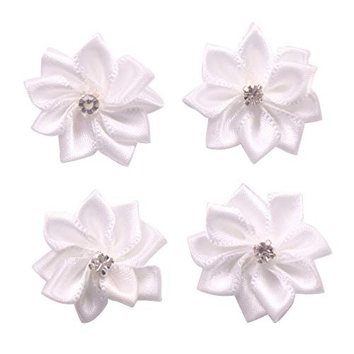 YAKA 60Pcs White Satin Ribbon Flowers Bows Rose W/Rhinestone Appli...