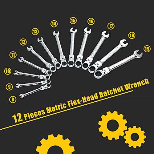 Yashong 12-Piece 8-19MM Metric Flex-Head Ratcheting Wrench Set, Pr...