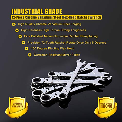 Yashong 12-Piece 8-19MM Metric Flex-Head Ratcheting Wrench Set, Pr...