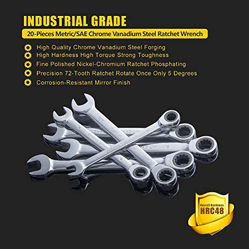 Yashong 20-Piece SAE & Metric Ratcheting Wrench Set, Professional ...