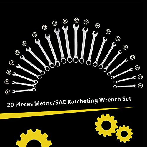 Yashong 20-Piece SAE & Metric Ratcheting Wrench Set, Professional ...