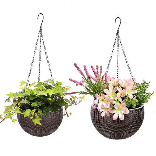 2 Pack Hanging Baskets for Plants - Round Plastic Resin Chain Bask...