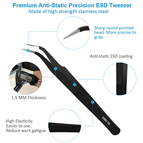 Precision ESD Tweezers, Anti-Static ESD Tweezers Set Kit for Elect...
