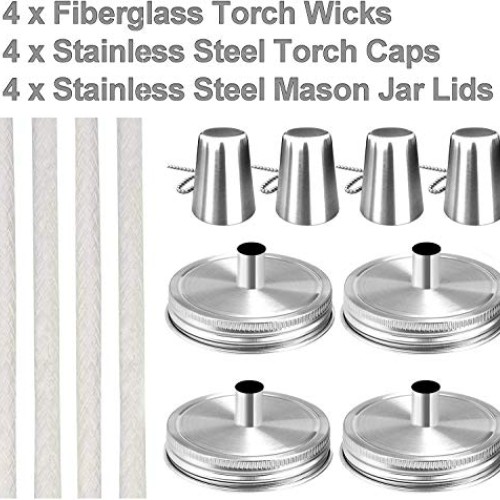 Mason Jar Tabletop Torch Kits,4 Pack Longlife Fiberglass Wicks,Sta...