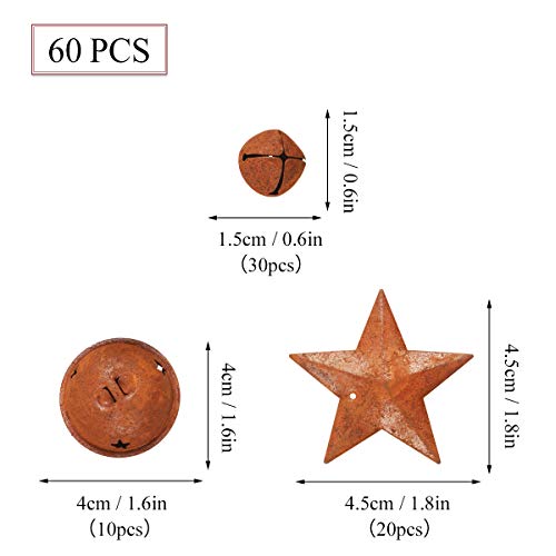 YiYa 60Pcs Rusty Jingle Bells Rusty Metal Stars Contain A Jute Rop...