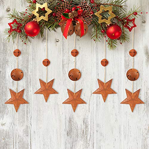 YiYa 60Pcs Rusty Jingle Bells Rusty Metal Stars Contain A Jute Rop...