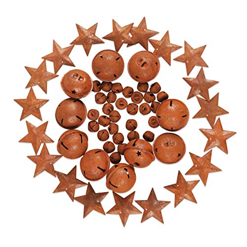 YiYa 60Pcs Rusty Jingle Bells Rusty Metal Stars Contain A Jute Rop...