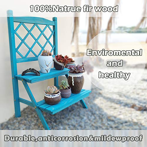 Ladder Plant Stand with Lattice Blue 2-Tier Wooden Plant Holder Fl...