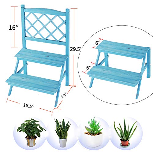 Ladder Plant Stand with Lattice Blue 2-Tier Wooden Plant Holder Fl...