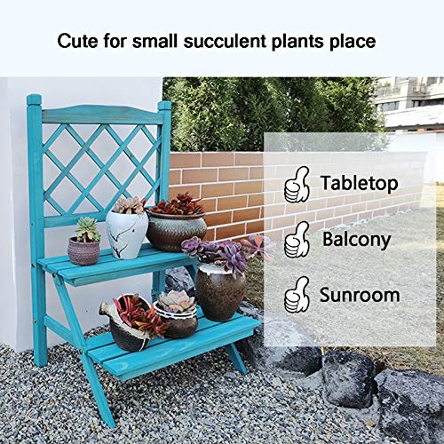 Ladder Plant Stand with Lattice Blue 2-Tier Wooden Plant Holder Fl...