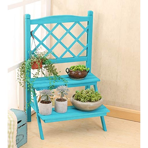 Ladder Plant Stand with Lattice Blue 2-Tier Wooden Plant Holder Fl...