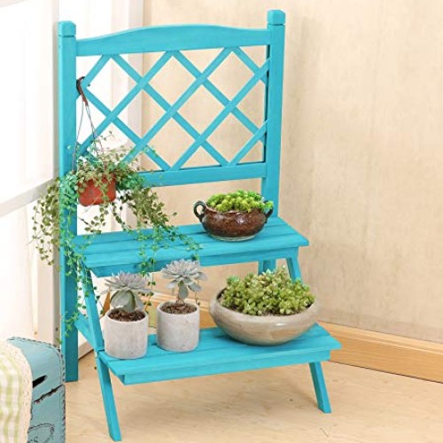 Ladder Plant Stand with Lattice Blue 2-Tier Wooden Plant Holder Fl...