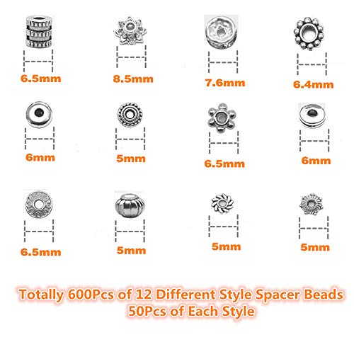600 Pcs 12 Style Silver Spacer Beads Kit Yoker Jewelry Bead Charm ...