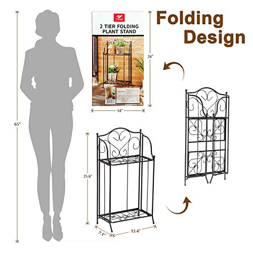 Yolafe Foldable 2 Tier Metal Plant Stand Scrollwork Design Indoor ...