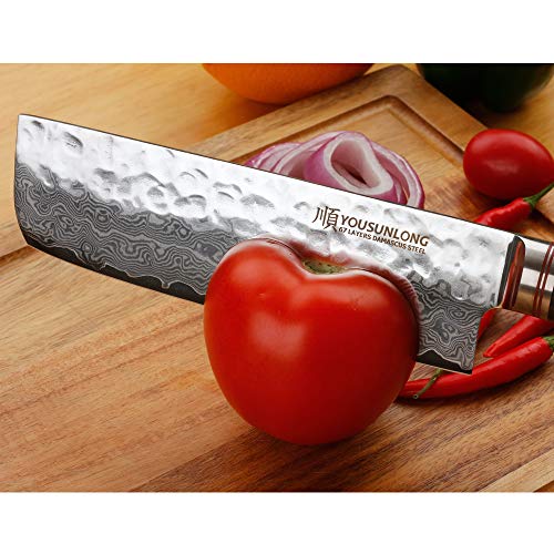 YOUSUNLONG Nakiri 6.5 inch Usuba Japanese Hammered Damascus Natura...