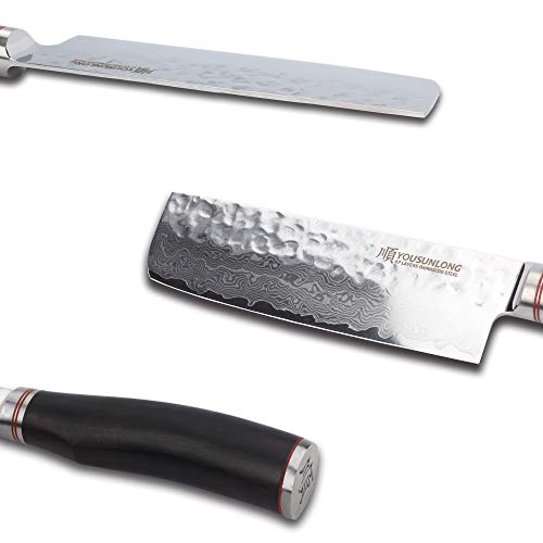 YOUSUNLONG Nakiri 6.5 inch Usuba Japanese Hammered Damascus Natura...