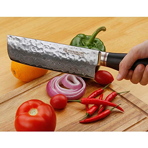 YOUSUNLONG Nakiri 6.5 inch Usuba Japanese Hammered Damascus Natura...