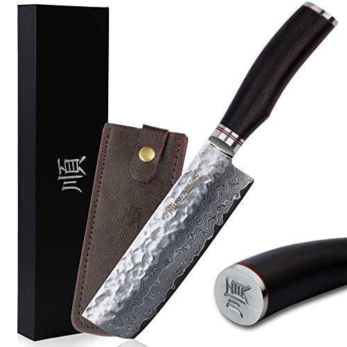 YOUSUNLONG Nakiri 6.5 inch Usuba Japanese Hammered Damascus Natura...