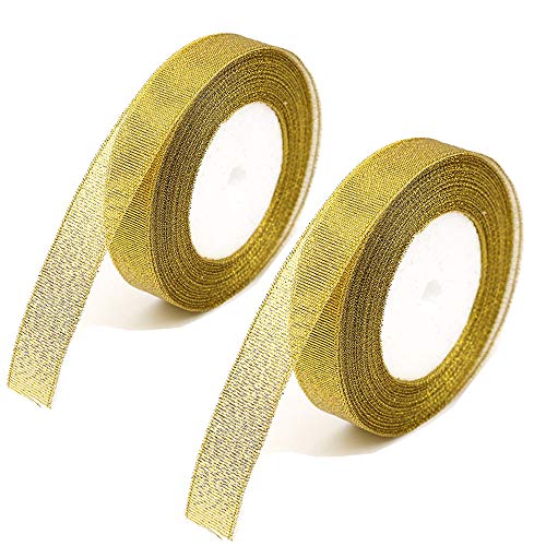 2 Rolls 50-Yards Glitter Metallic Gold Ribbon 1 inches Sparkly Org...