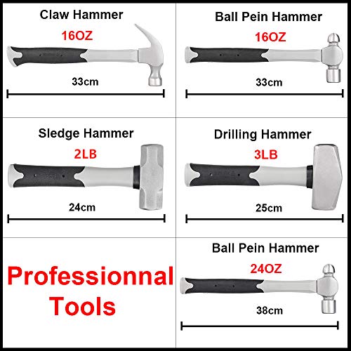 5-Piece Hammer Set With Fiberglass Handle16 oz Ball Pein Hammer, ...