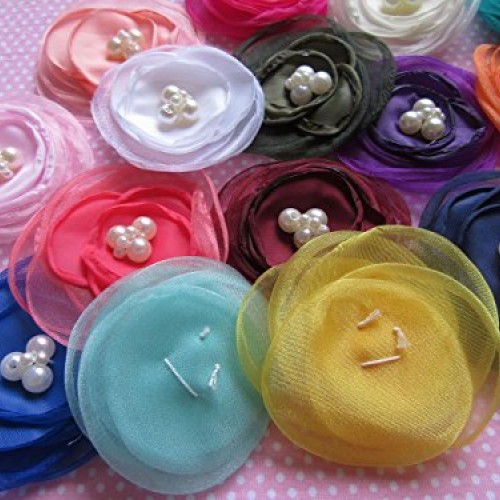 YYCRAFT Pack of 6 Organza Fabric 2.5 Poppy Flower Pearl-Teal