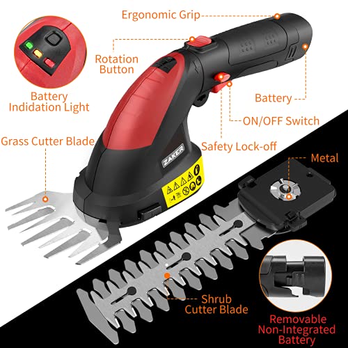ZAKER 7.2V 2-in-1 Cordless Grass Shears& Hedge Trimmer, 1400SPM, R...
