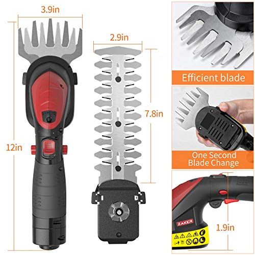 ZAKER 7.2V 2-in-1 Cordless Grass Shears& Hedge Trimmer, 1400SPM, R...