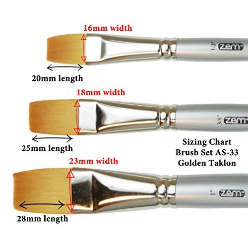 ZEM Brush Golden Taklon Wash Brush Set Sizes 1/2, 3/4, 1