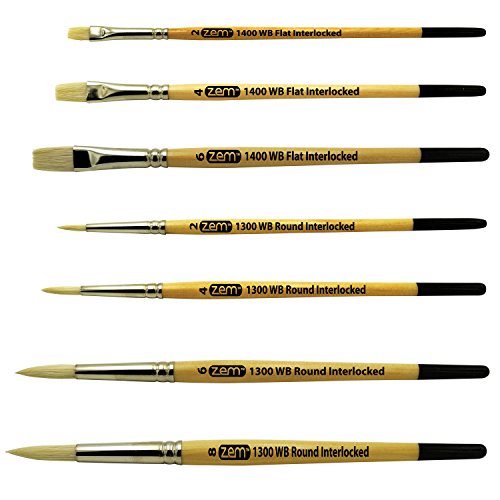 ZEM Brush Interlocked White Hog Bristle Artist Brush Set Rounds 2,...