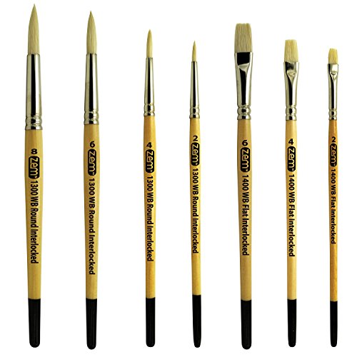 ZEM Brush Interlocked White Hog Bristle Artist Brush Set Rounds 2,...