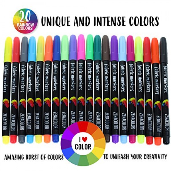 Zenacolor 20 Fabric Markers Pens Set - Non Toxic, Indelible and Pe...