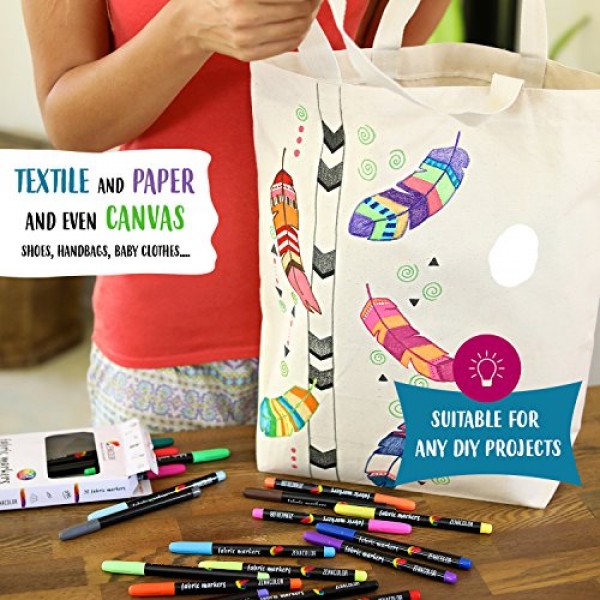 Zenacolor 20 Fabric Markers Pens Set - Non Toxic, Indelible and Pe...