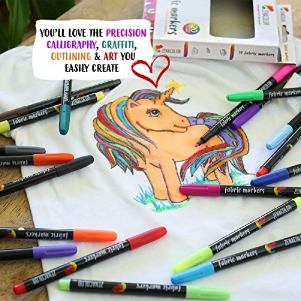 Zenacolor 20 Fabric Markers Pens Set - Non Toxic, Indelible and Pe...