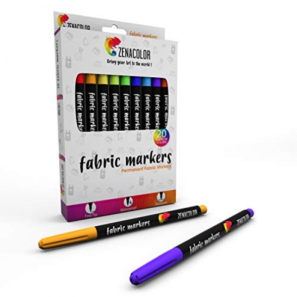 Zenacolor 20 Fabric Markers Pens Set - Non Toxic, Indelible and Pe...